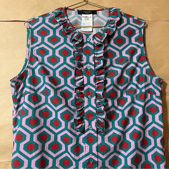 Weekend MaxMara Curvato Geometric Print Ruffle Shirt Dress Button Front Size 10 - Picture 5 of 13